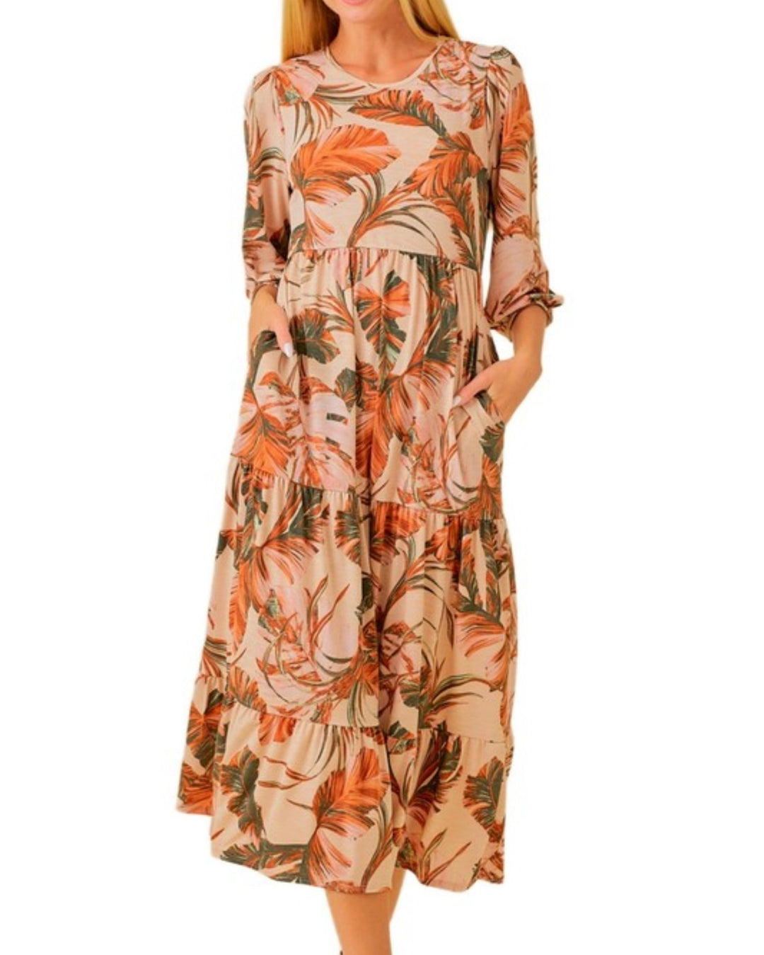 Topical Caramel Modest Long Floral Tiered Dress with Elastic Waist