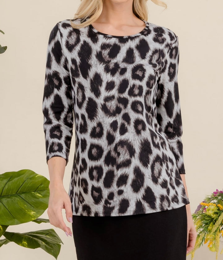 Women's Modest Leopard Animal Print Layering Top 3/4 Sleeves