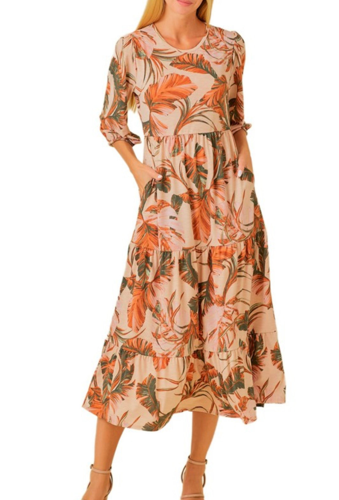 Topical Caramel Modest Long Floral Tiered Dress with Elastic Waist