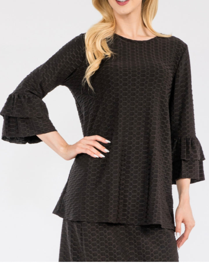 Liza's Celeste Black  Modest Honey Comb Top with Ruffled Sleeves