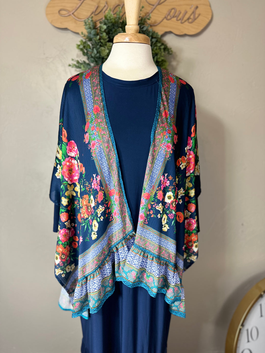 Liza Lou’s Umgee Navy Print Mix Kimono Cardigan Top