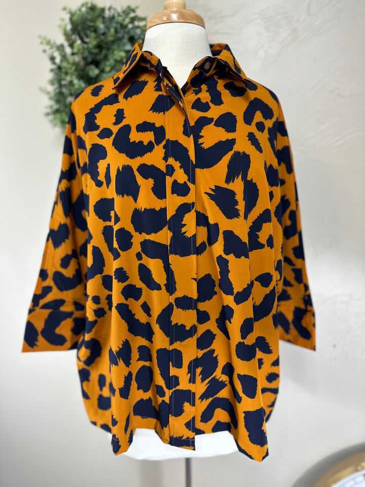 Liza’s Umgee Blouse Top w/ Navy Animal Print  Ochre Background