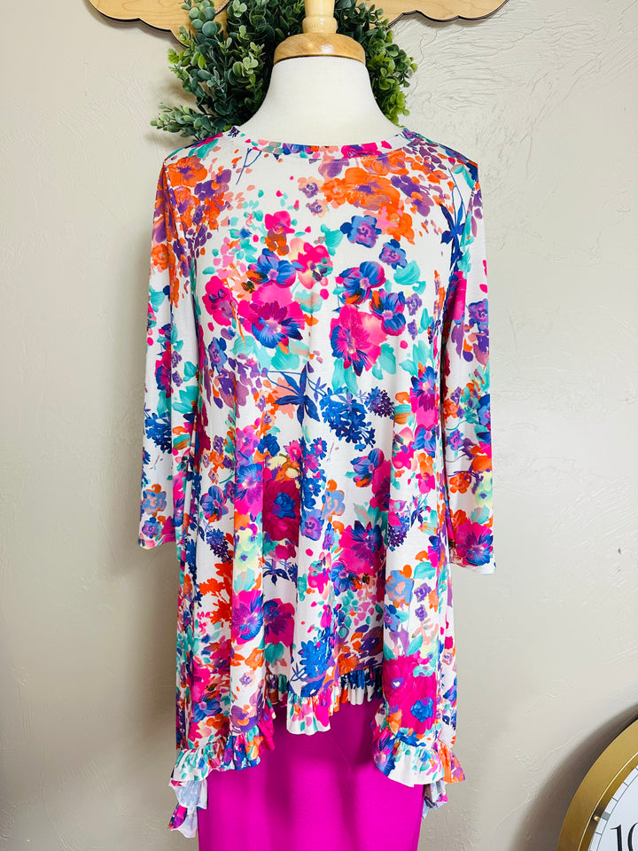 Liza Lou's Hi Low Modest Colorful Floral Top with Ruffle