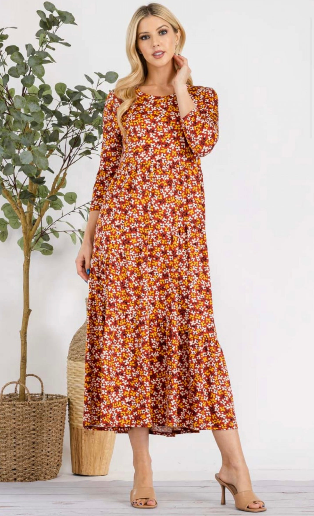 Women's Asymmetrical Tiered Midi Dress Rust Floral