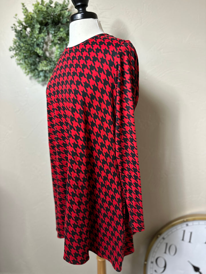 Women's Red & Black Houndstooth Handkerchief Tunic Top w/ pockets