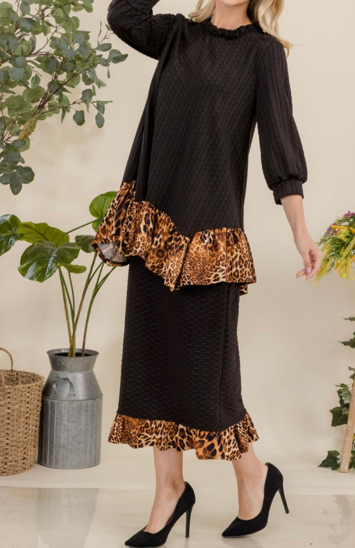 Felicity Black Honeycomb Asymmetrical Top with Animal Print Addition