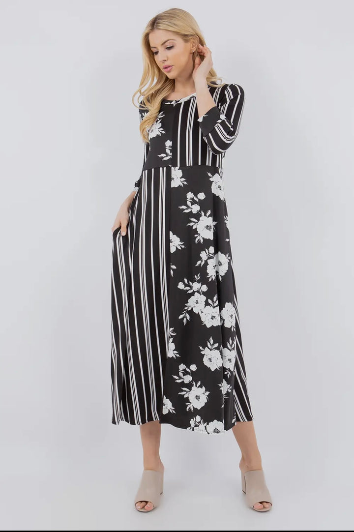 Liza Lou's Celeste Black Striped Floral Contrast Modest Midi Dress Maxi Dress