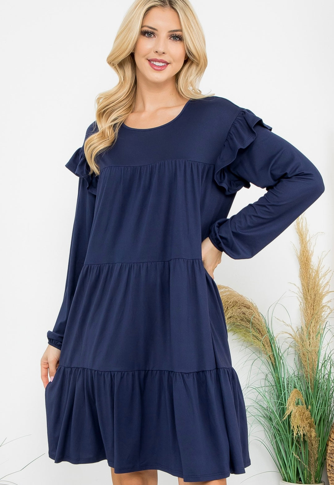 Women's Navy Blue Tiered Tunic Top with Sleeve Detail on Long Sleeves
