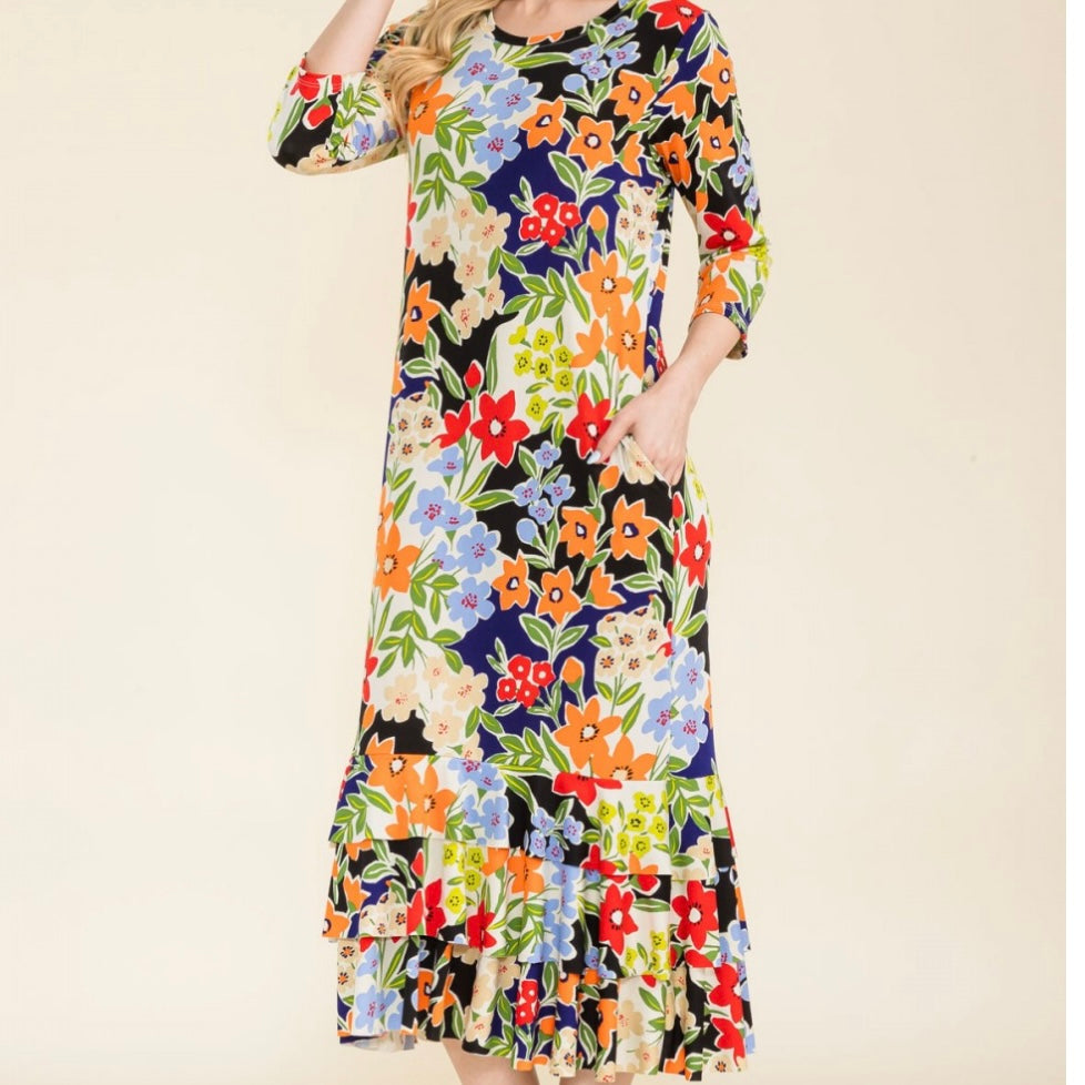 Liza Lou's Black/Blue Floral Long Layering Dress with Bottom Ruffles