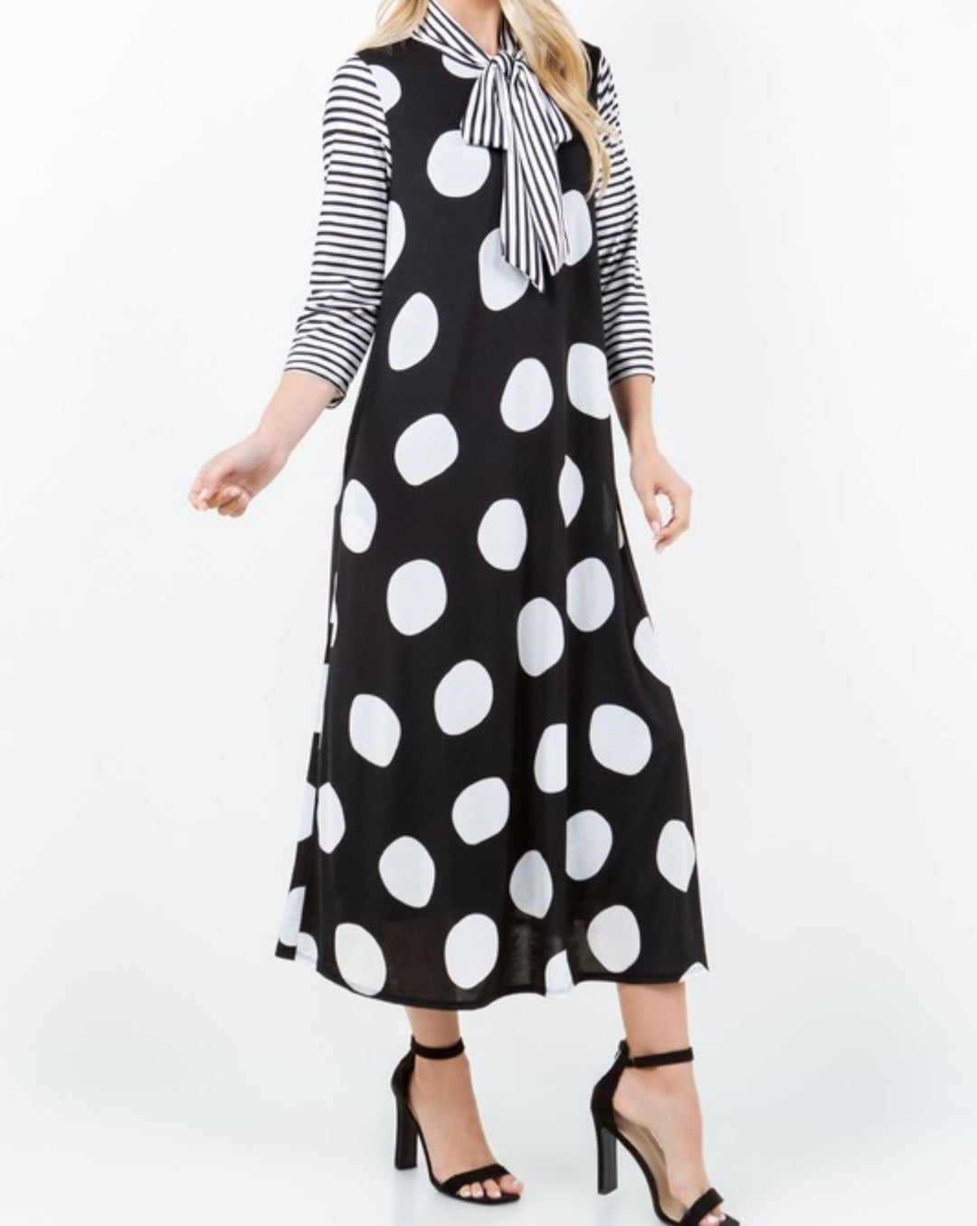 Liza Lou's Park View Polka Dot Black Dress with Stripes Contrast