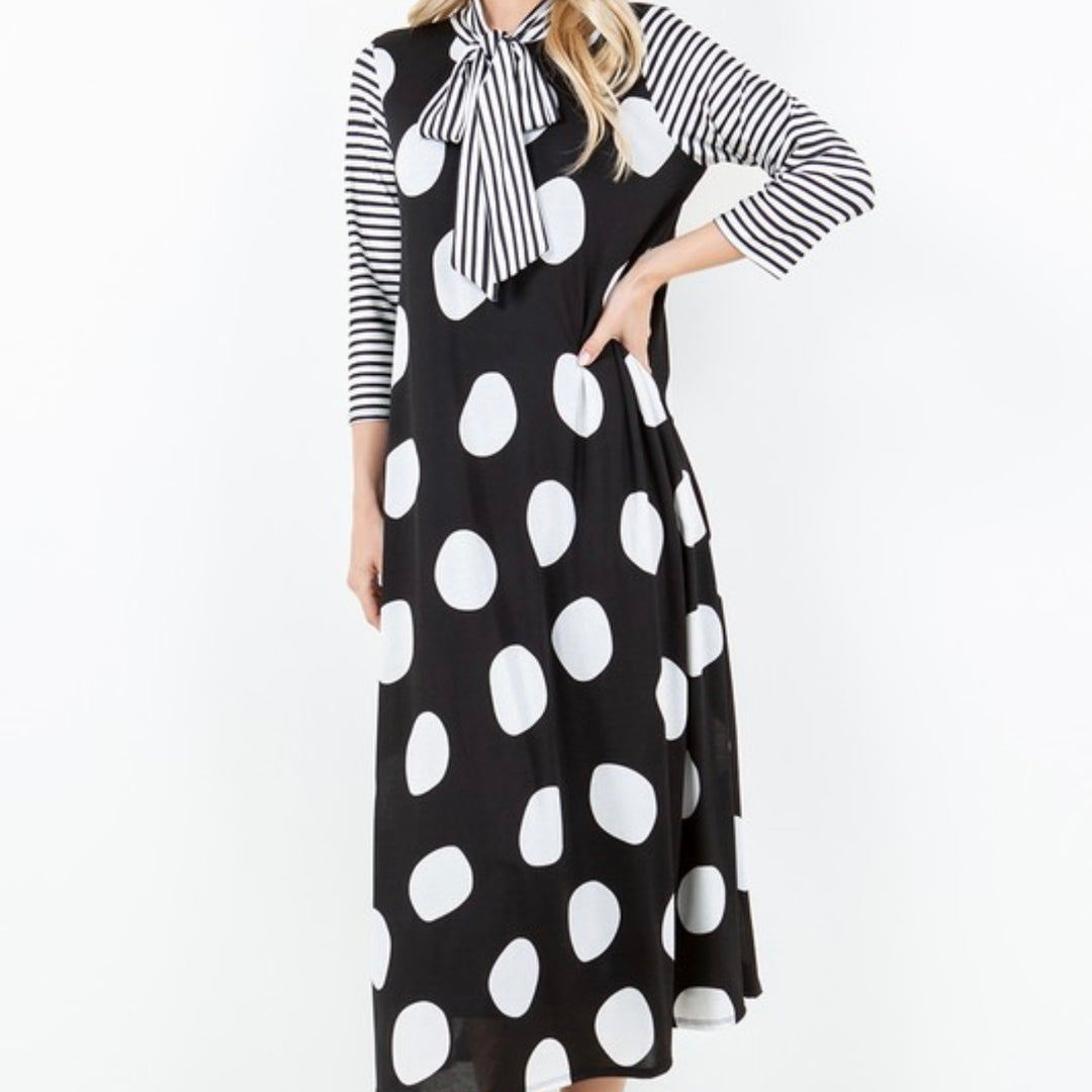 Liza Lou's Park View Polka Dot Black Dress with Stripes Contrast