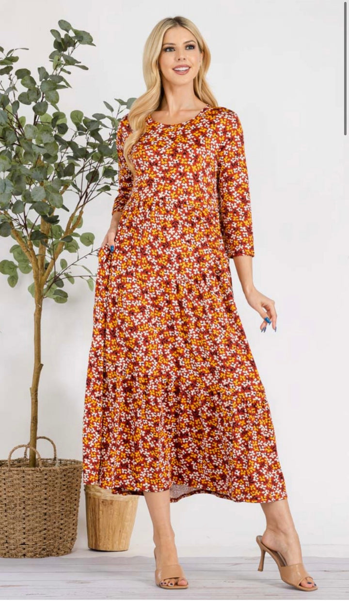 Women's Asymmetrical Tiered Midi Dress Rust Floral