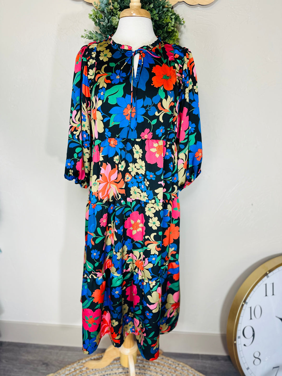 Liza’s Umgee Colorful Floral Tiered Dress Black Background