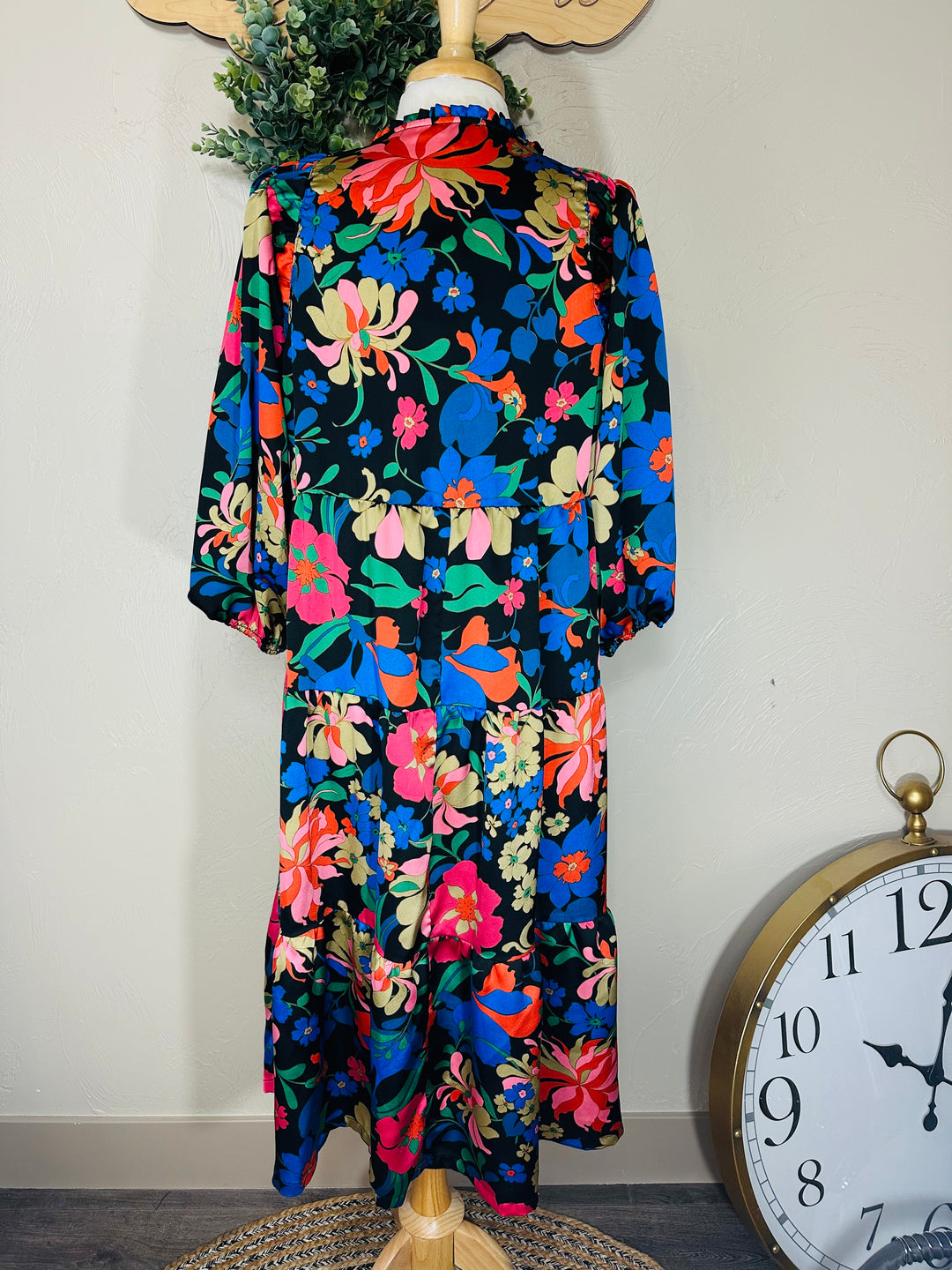 Liza’s Umgee Colorful Floral Tiered Dress Black Background