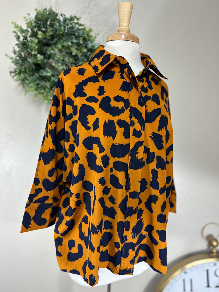 Liza’s Umgee Blouse Top w/ Navy Animal Print  Ochre Background