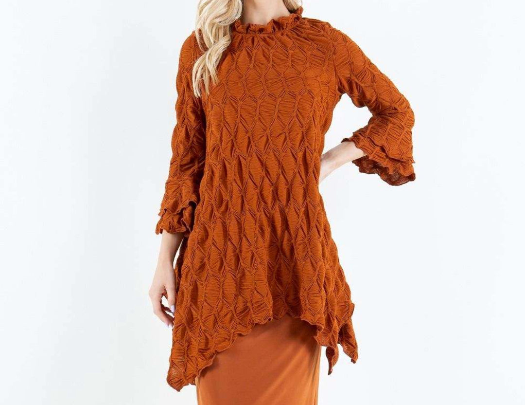 Lovely Lady Textured Rust Copper Shark Bite Handkerchief Tunic