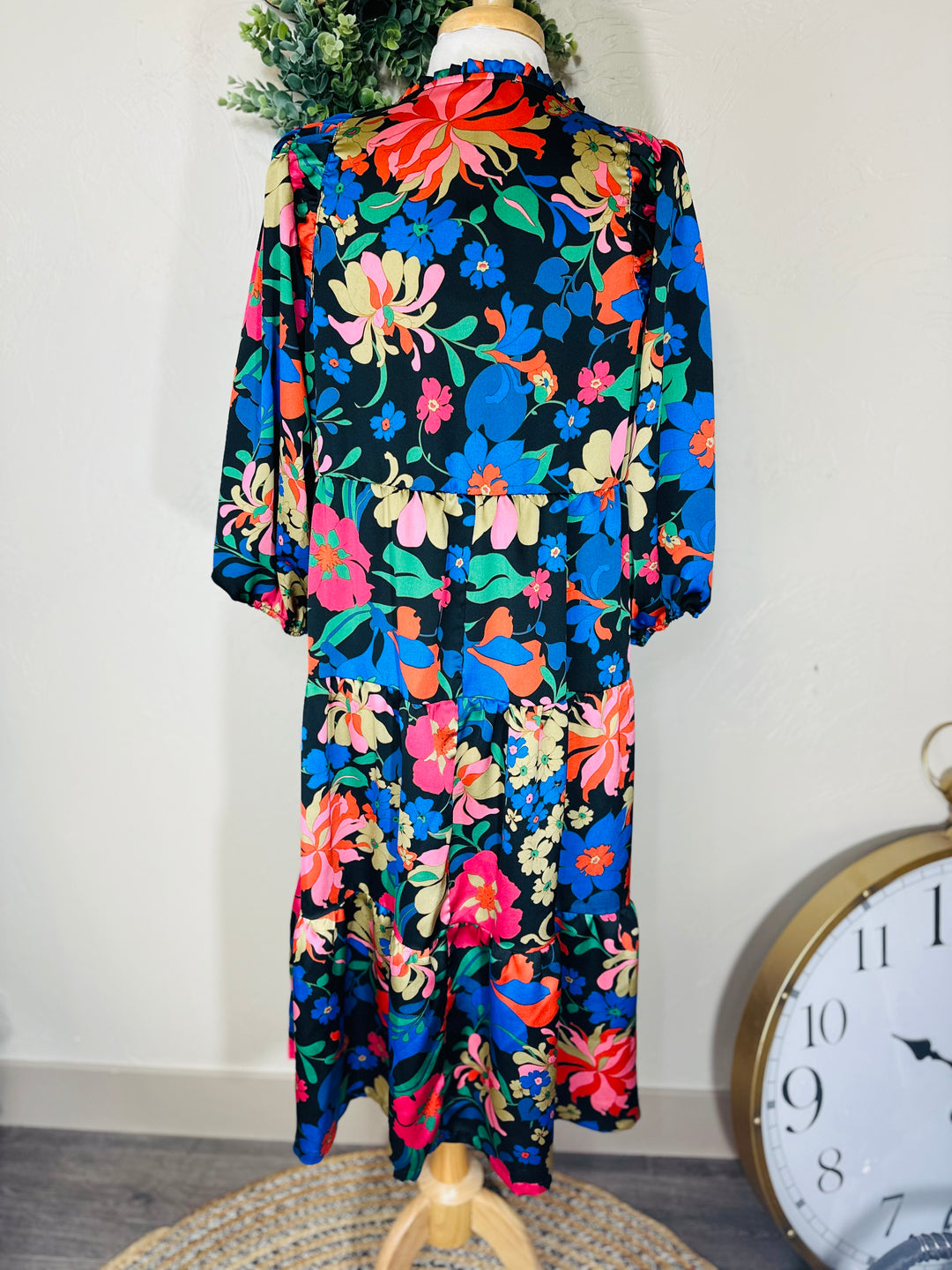 Liza’s Umgee Colorful Floral Tiered Dress Black Background