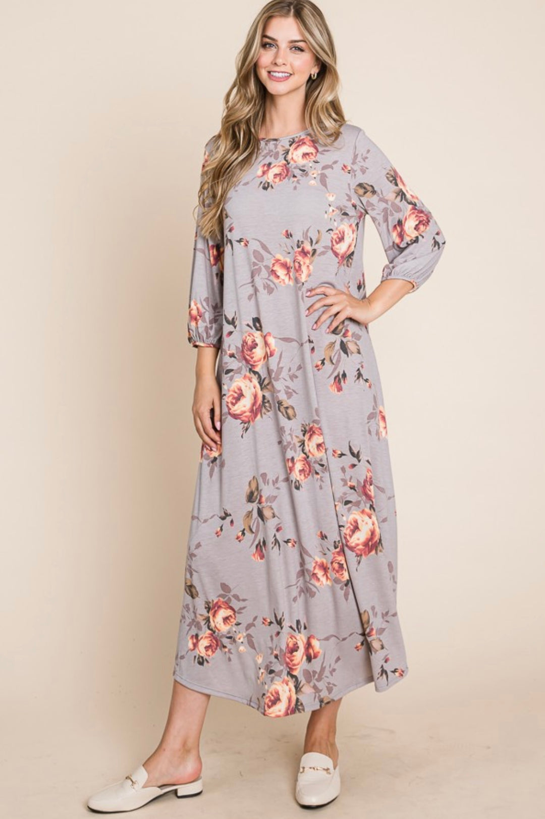 Liza Lou's BomBom Flowy Maxi Colorful Taupe/Gray Floral Dress