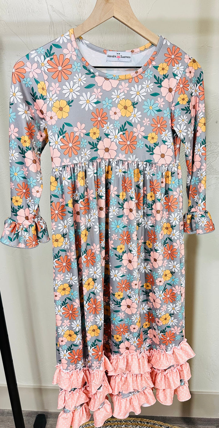 Precious Girls Peach Floral Modest Long Maxi Dress with Ruffles