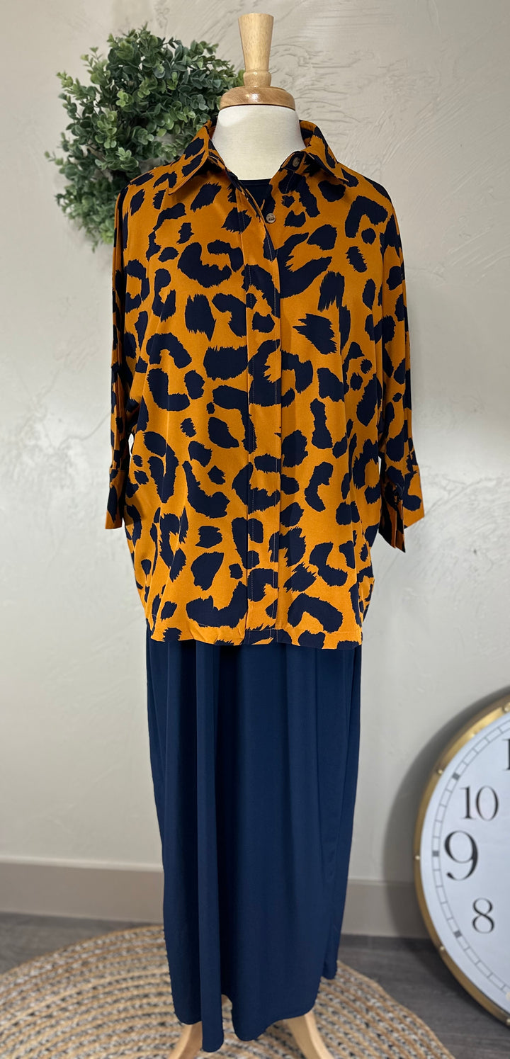 Liza’s Umgee Blouse Top w/ Navy Animal Print  Ochre Background