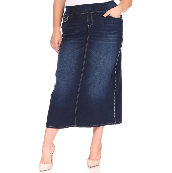 Women’s Long Modest Denim Maxi Skirt Dark Indigo Blue with elastic waist