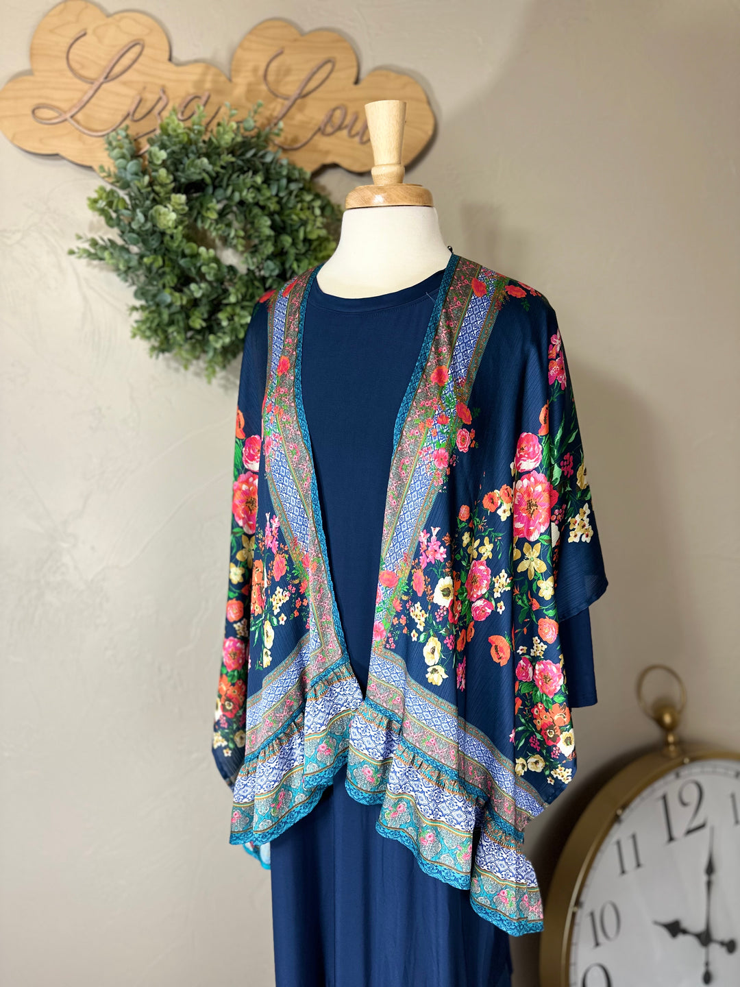 Liza Lou’s Umgee Navy Print Mix Kimono Cardigan Top