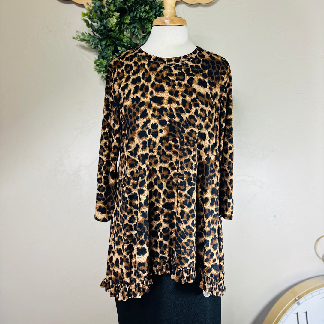 Liza Lou's Tabitha Women's Hi Low Modest Animal Print Cheetah Top with Ruffle