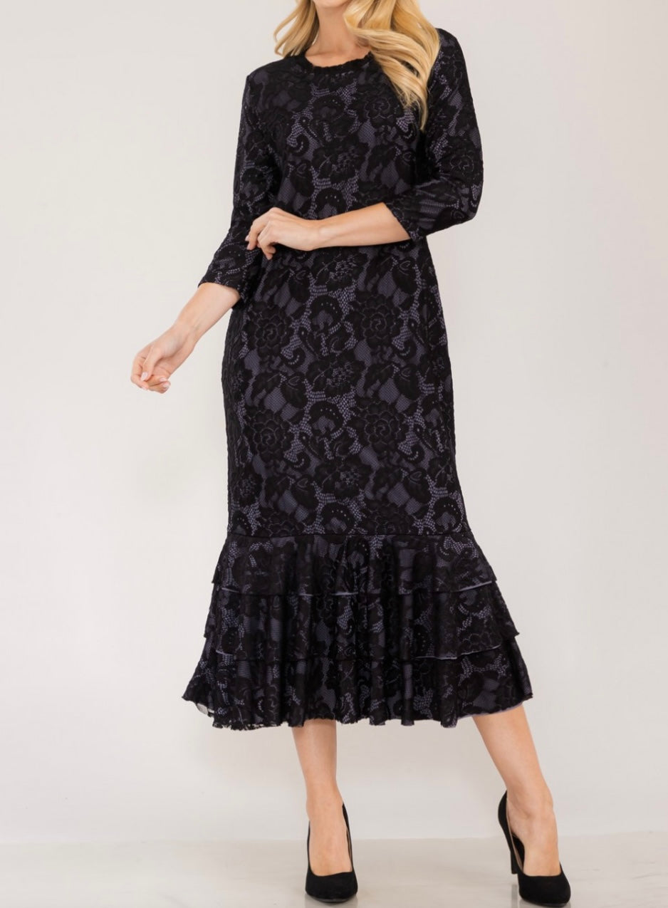 Liza Lou's Black Lace Long Layering Dress with Bottom Ruffles