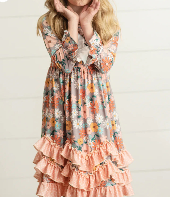 Precious Girls Peach Floral Modest Long Maxi Dress with Ruffles