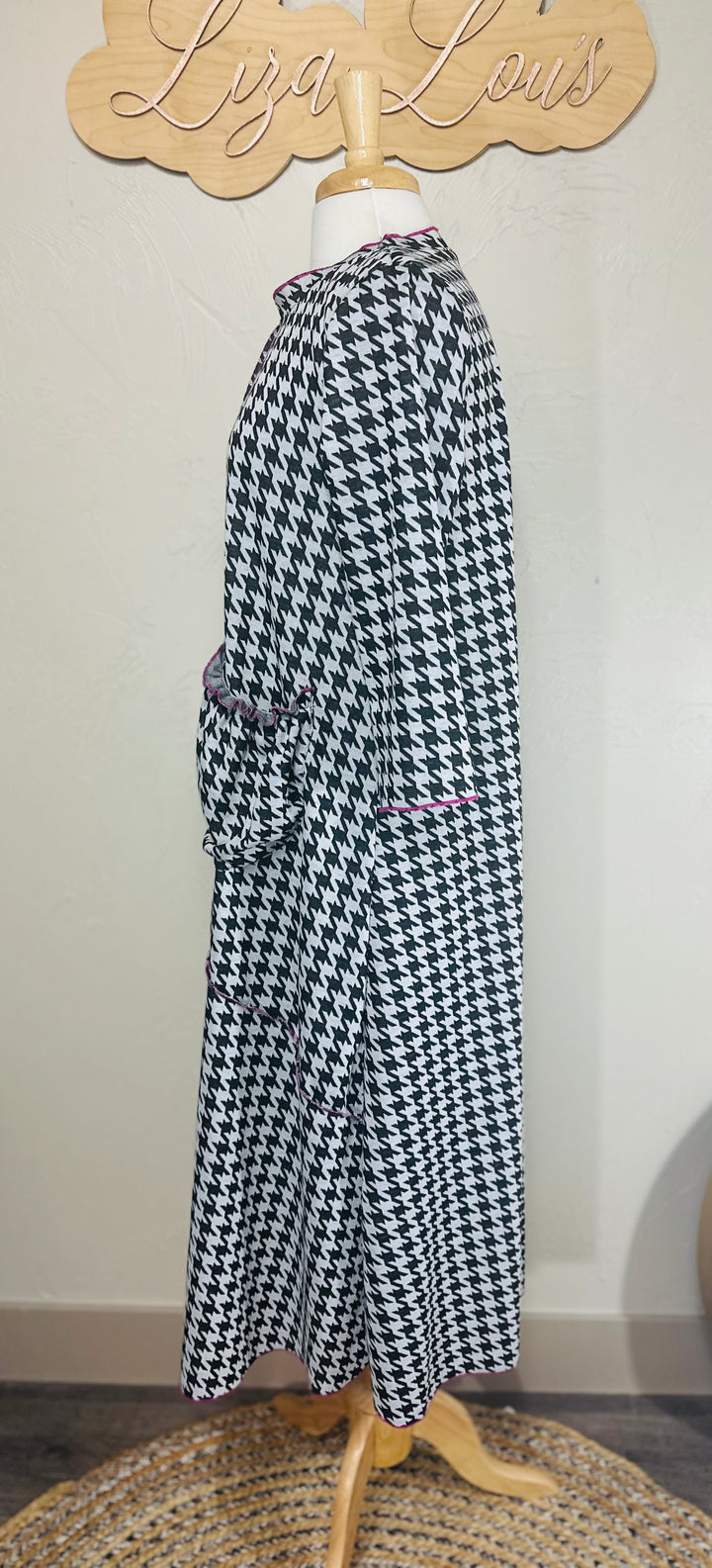 Selena Houndstooth Long Modest Dress with Magenta Pink Stitching