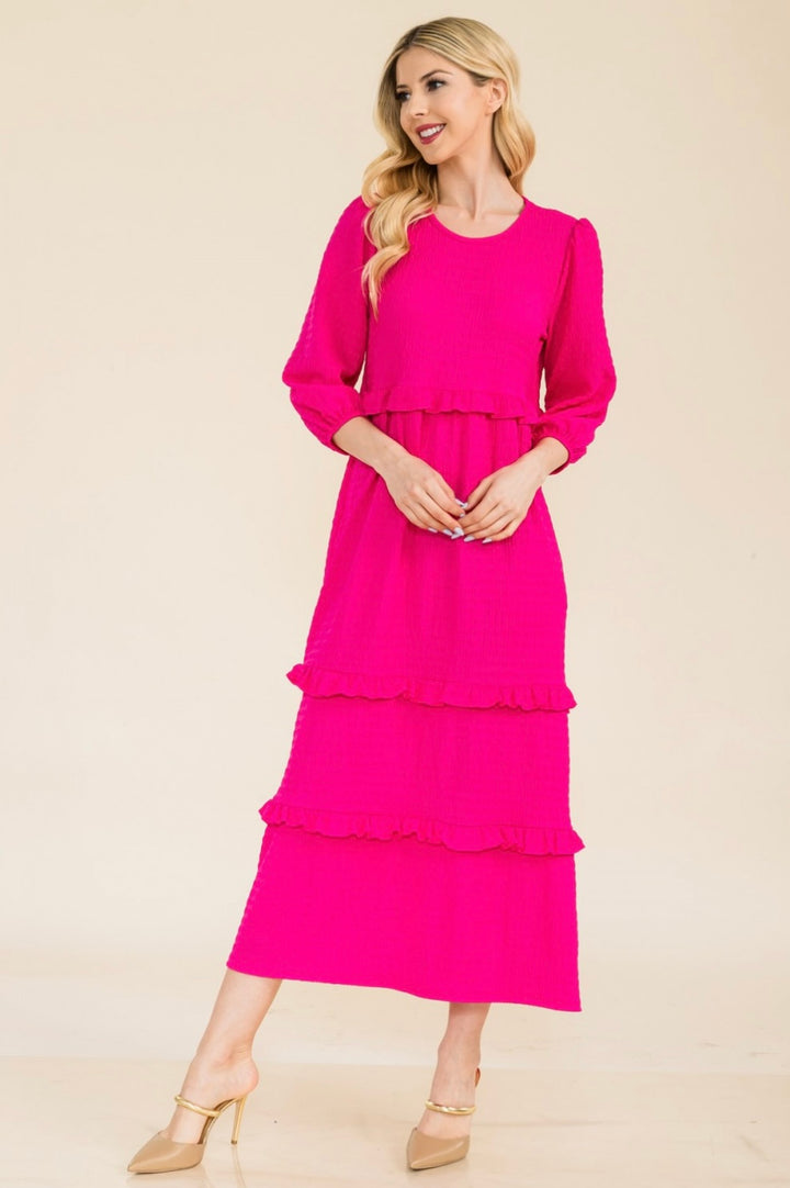 Selena Textured Classic Fuchsia Tiered Ruffle Long Dress