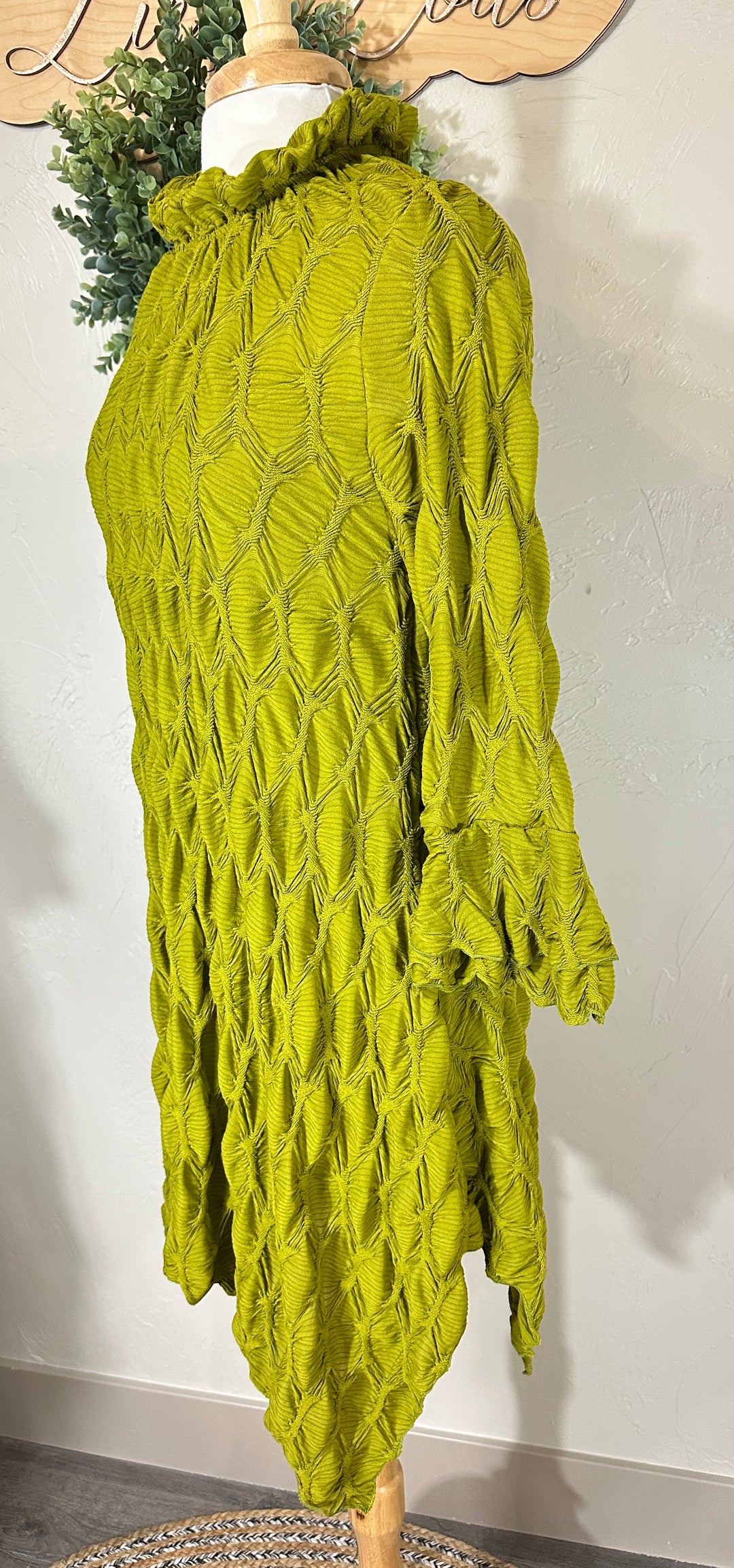 Lovely Lady Textured Pistachio Green Shark Bite Handkerchief Tunic