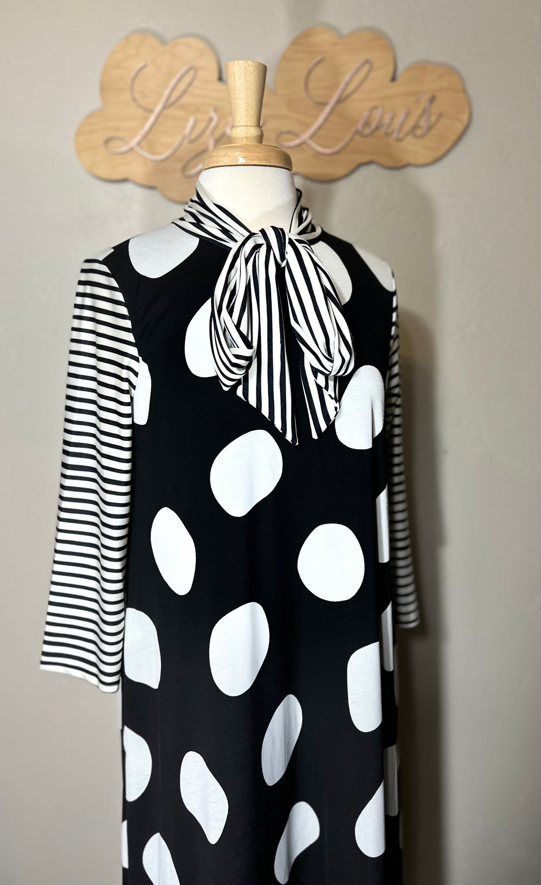 Liza Lou's Park View Polka Dot Black Dress with Stripes Contrast