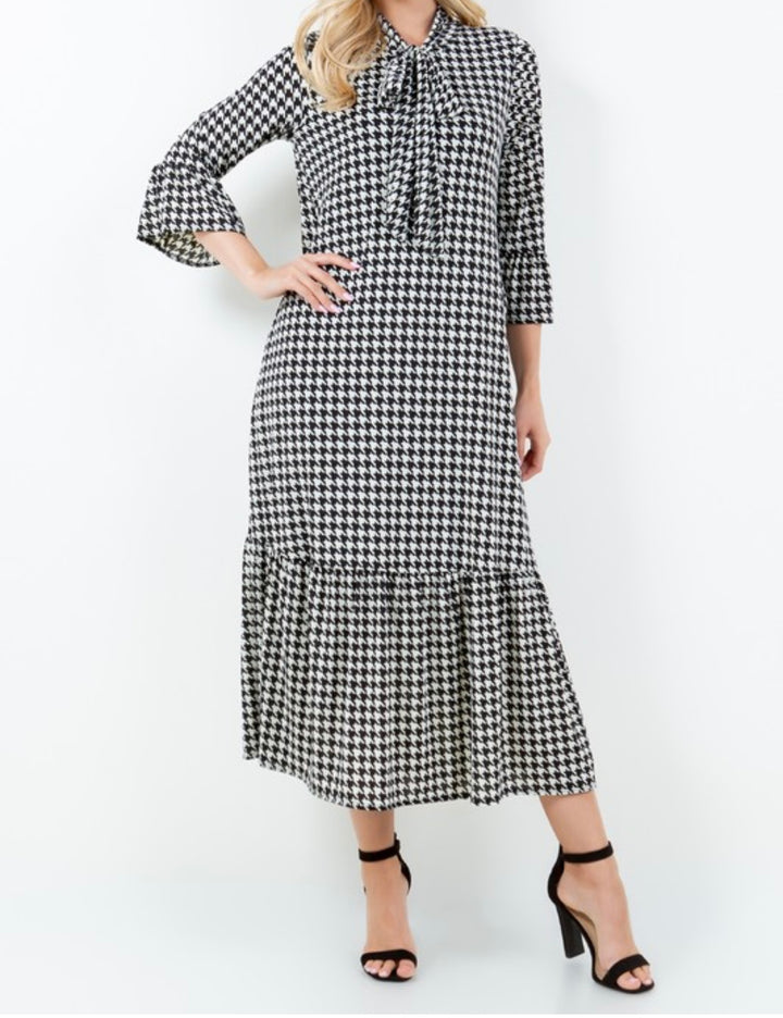 Liza Lou’s Regina Modest Houndstooth Long Dress with Tie