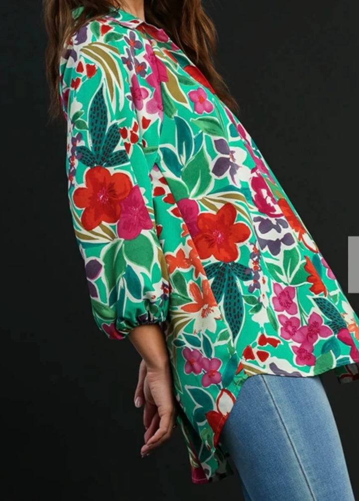 Liza’s Umgee Colorful Floral Print Collared Button Up Blouse