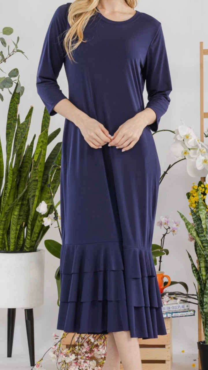 Liza Lou's Navy Blue Long Layering Dress with Bottom Ruffles