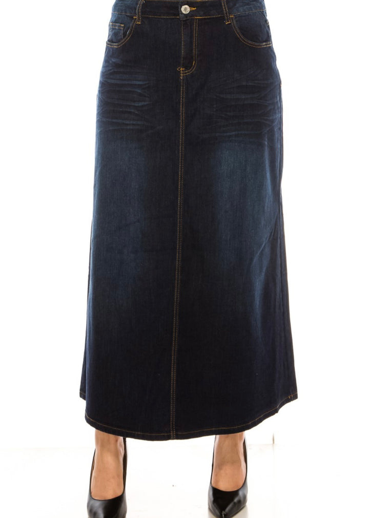 Liza Lou's Blue Indigo Stretchy Long Modest Denim Skirt Plus and Misses