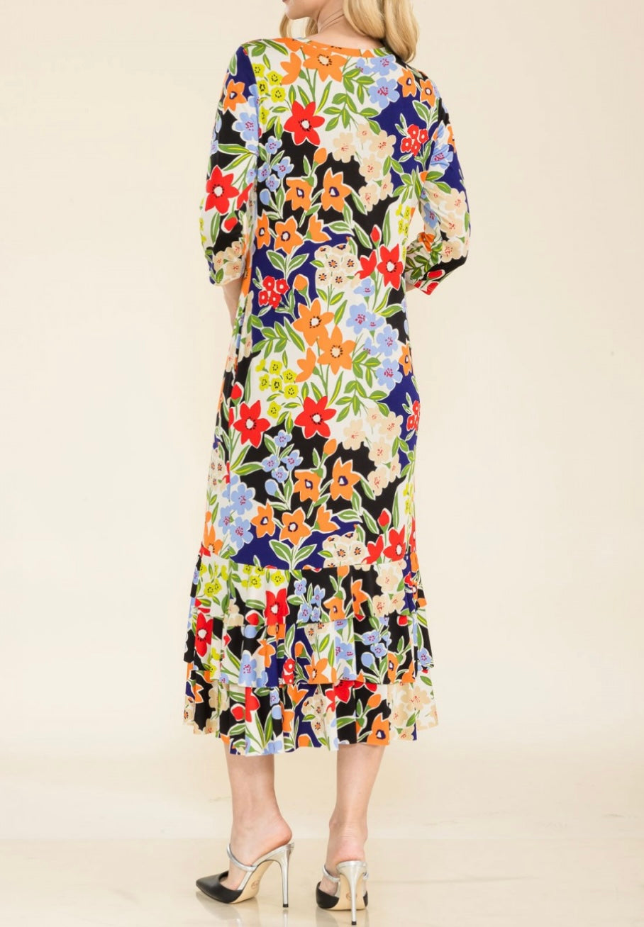 Liza Lou's Black/Blue Floral Long Layering Dress with Bottom Ruffles