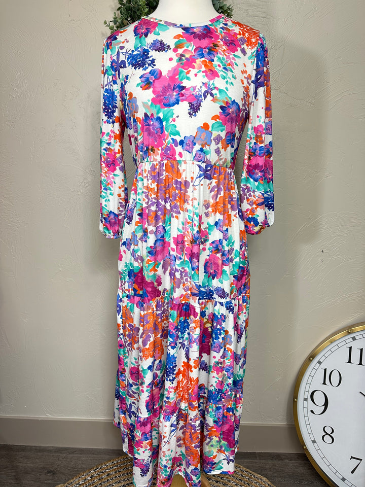 Liza's Spring/Summer Modest Long Floral Tiered Dress with Elastic Waist