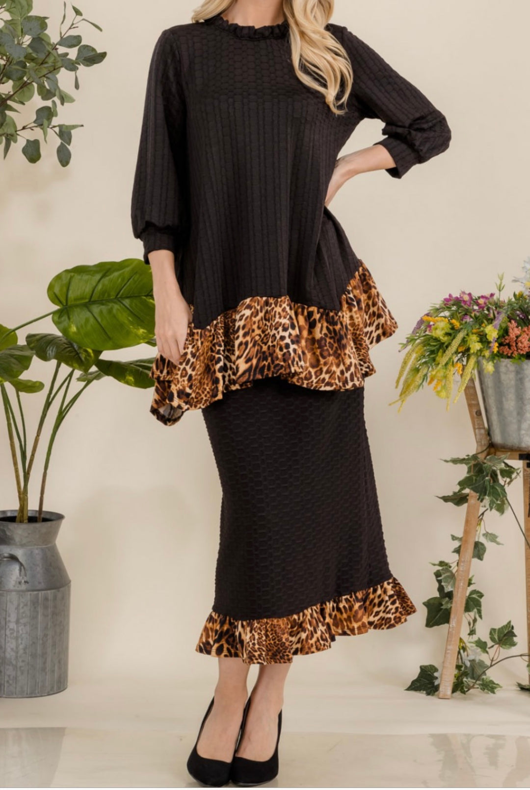 Felicity Black Honeycomb Asymmetrical Top with Animal Print Addition