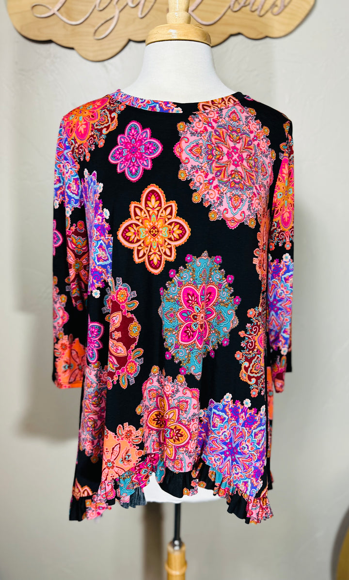 Geometric Colorful Medallion Hi Low Dressy Modest Tunic Top