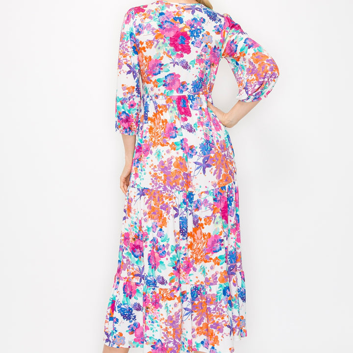 Liza's Spring/Summer Modest Long Floral Tiered Dress with Elastic Waist