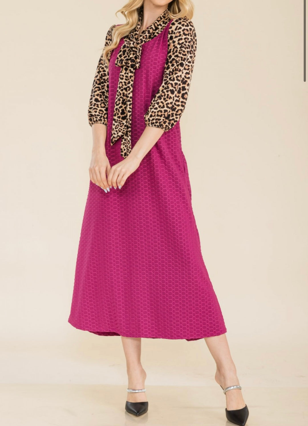 Women's Classic Long Modest Magenta Pink Honeycomb Dress with Animal Print Sleeves & Tie