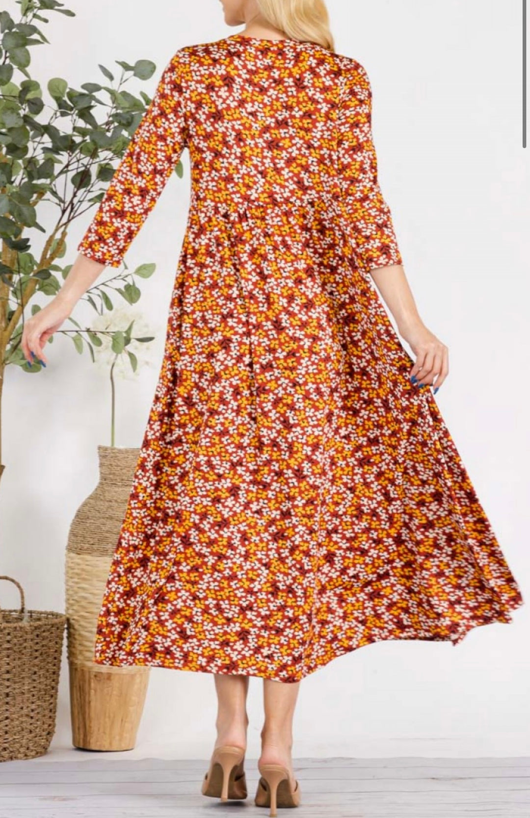 Women's Asymmetrical Tiered Midi Dress Rust Floral