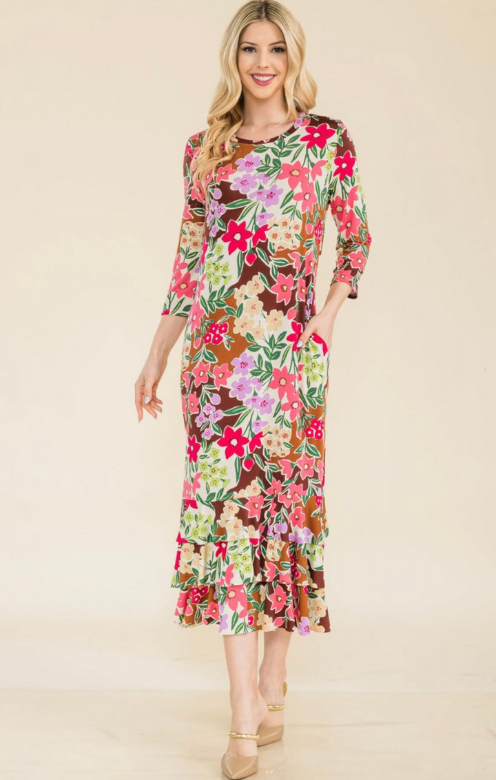 Liza Lou's Brown/tan with Multi Color Floral Long Layering Dress with Bottom Ruffles