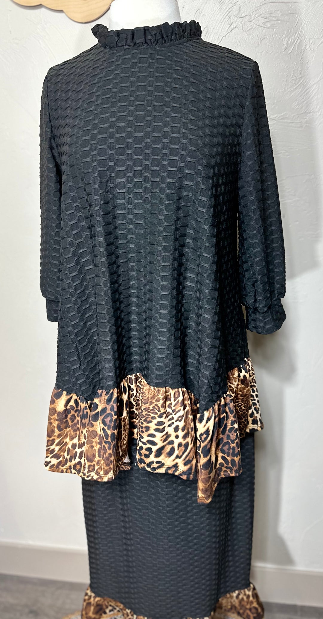 Felicity Black Honeycomb Asymmetrical Top with Animal Print Addition