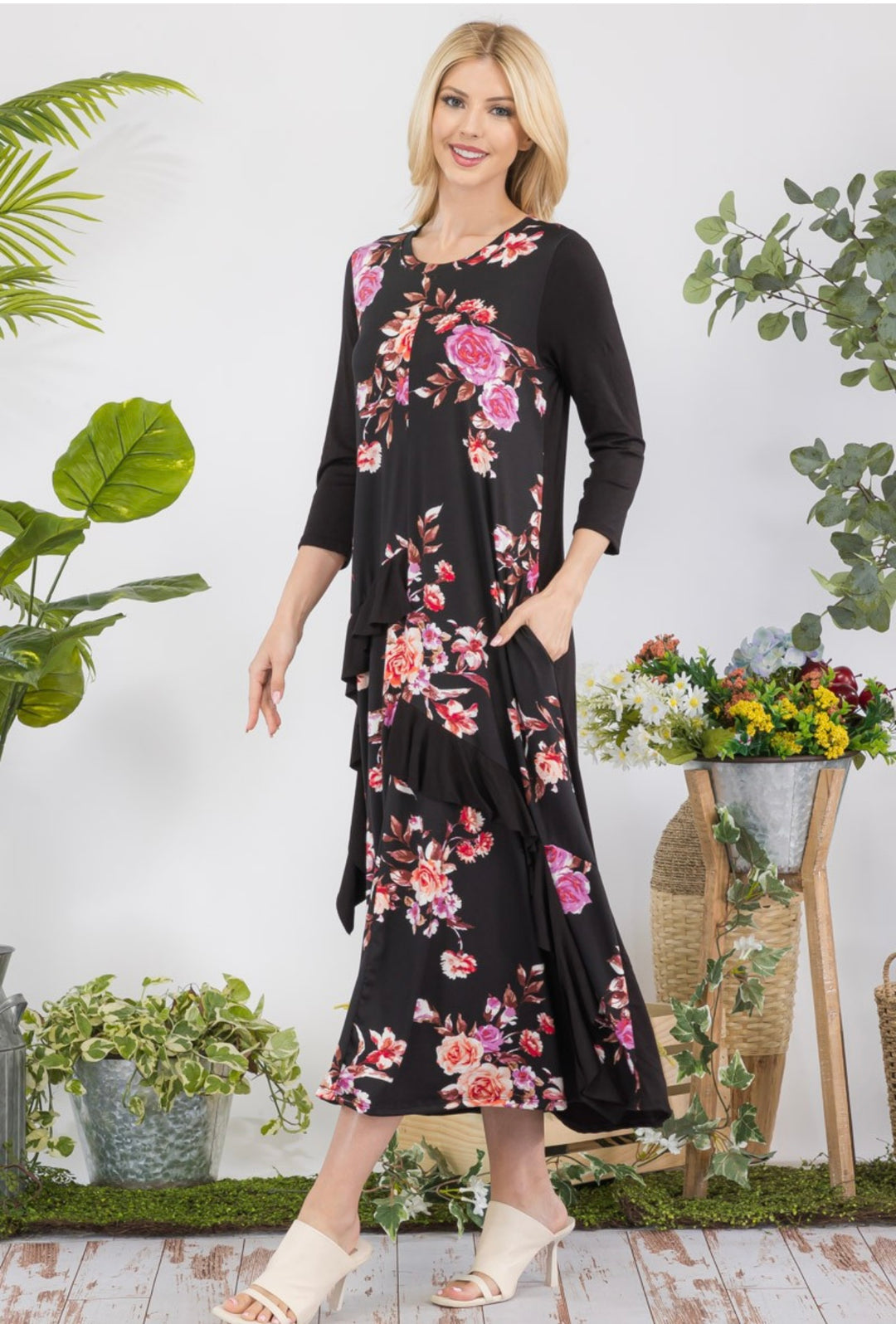 Celeste Floral with Black Contrast Modest Dress with Ruffle