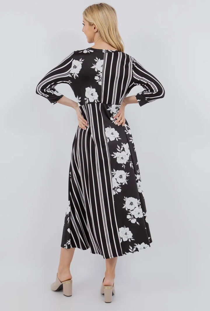 Liza Lou's Celeste Black Striped Floral Contrast Modest Midi Dress Maxi Dress