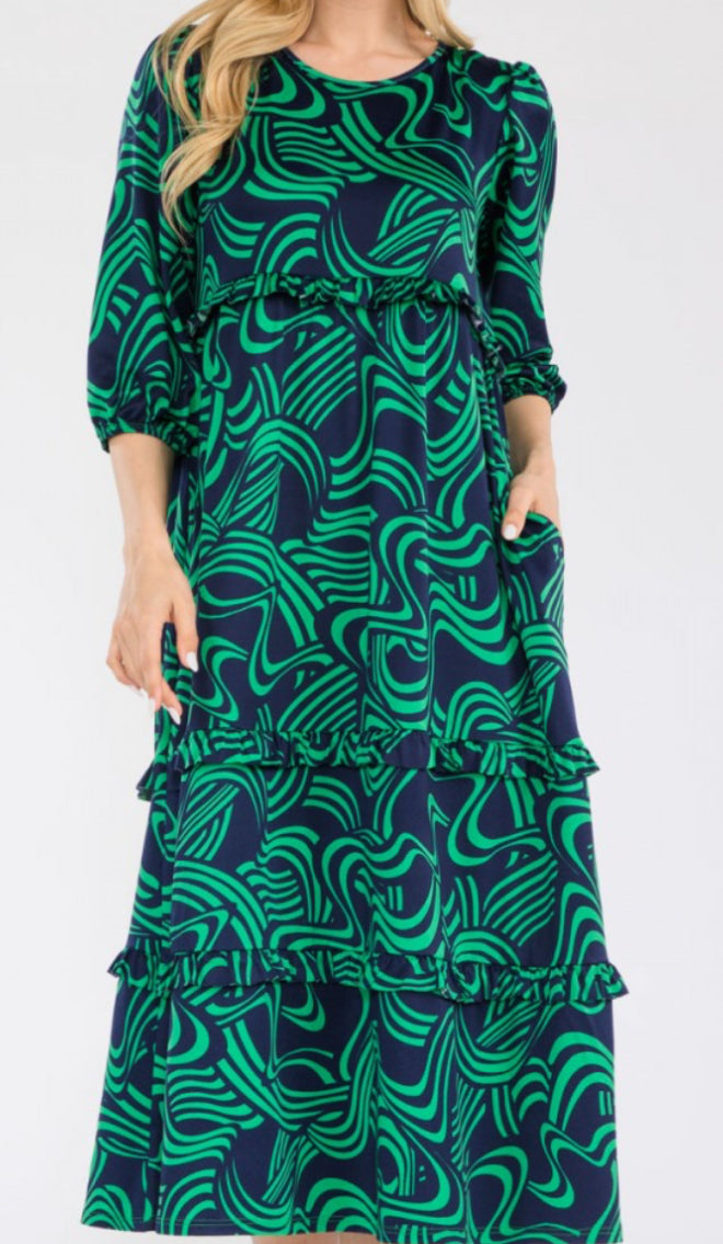 Liza's Lou's Modest Navy with Green Ruffles and Tiered Dress