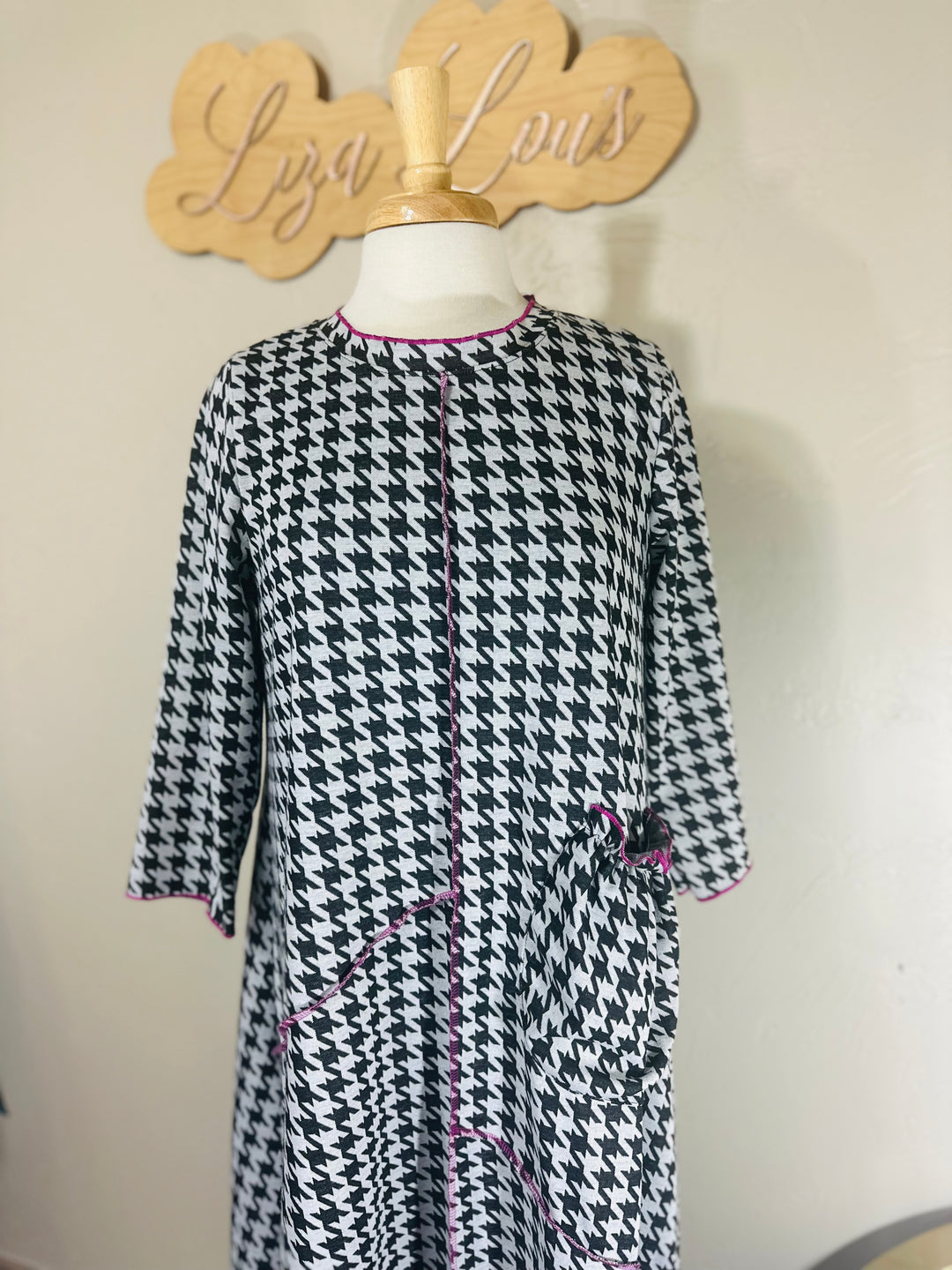 Selena Houndstooth Long Modest Dress with Magenta Pink Stitching